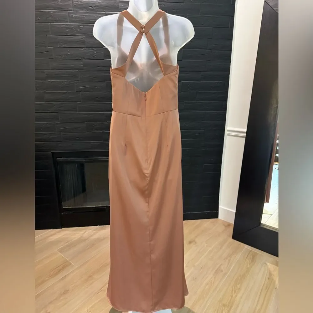 BARBIE AZAZIE 1007 Criss Cross Strap Stretch Satin Sheath Dress Bronzer. Size A8